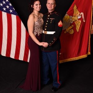 Formal ball gown in burgundy.